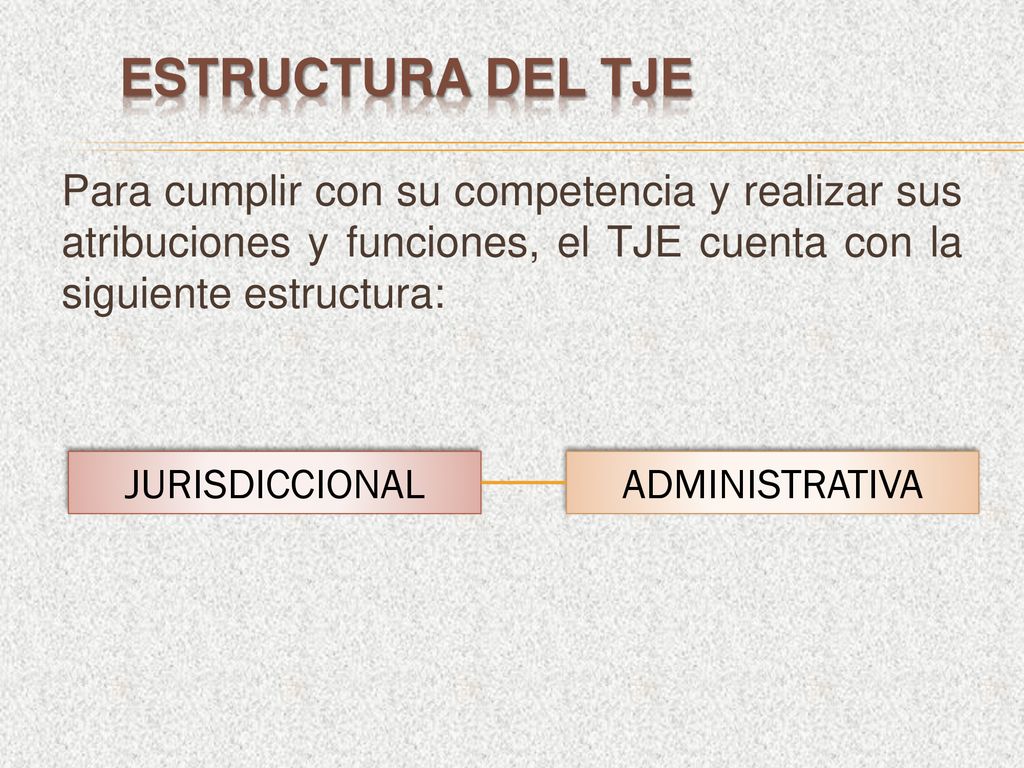 Estructura DEL TJE Para cumplir con su competencia y realizar sus atribuciones y funciones, el TJE cuenta con la siguiente estructura: