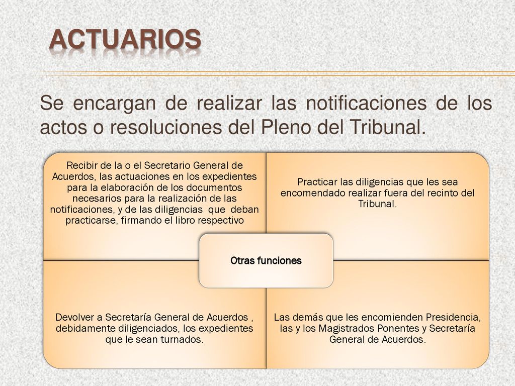 Actuarios Se encargan de realizar las notificaciones de los actos o resoluciones del Pleno del Tribunal.