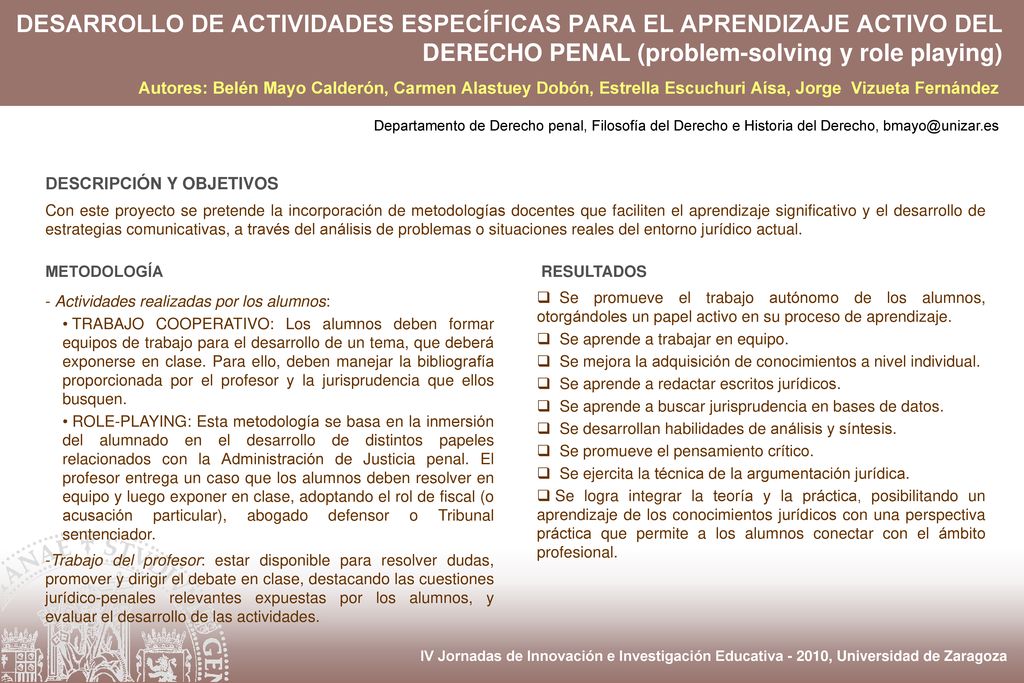 DESARROLLO DE ACTIVIDADES ESPECÍFICAS PARA EL APRENDIZAJE ACTIVO DEL DERECHO PENAL (problem-solving y role playing)