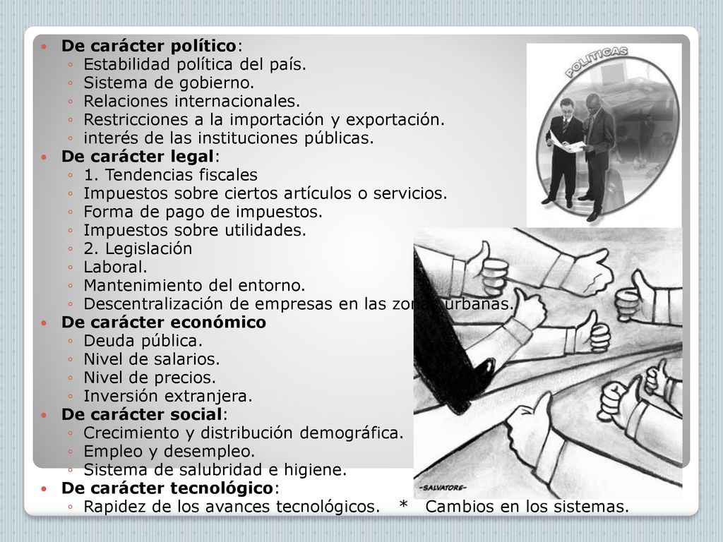 De carácter político: Estabilidad política del país. Sistema de gobierno. Relaciones internacionales.