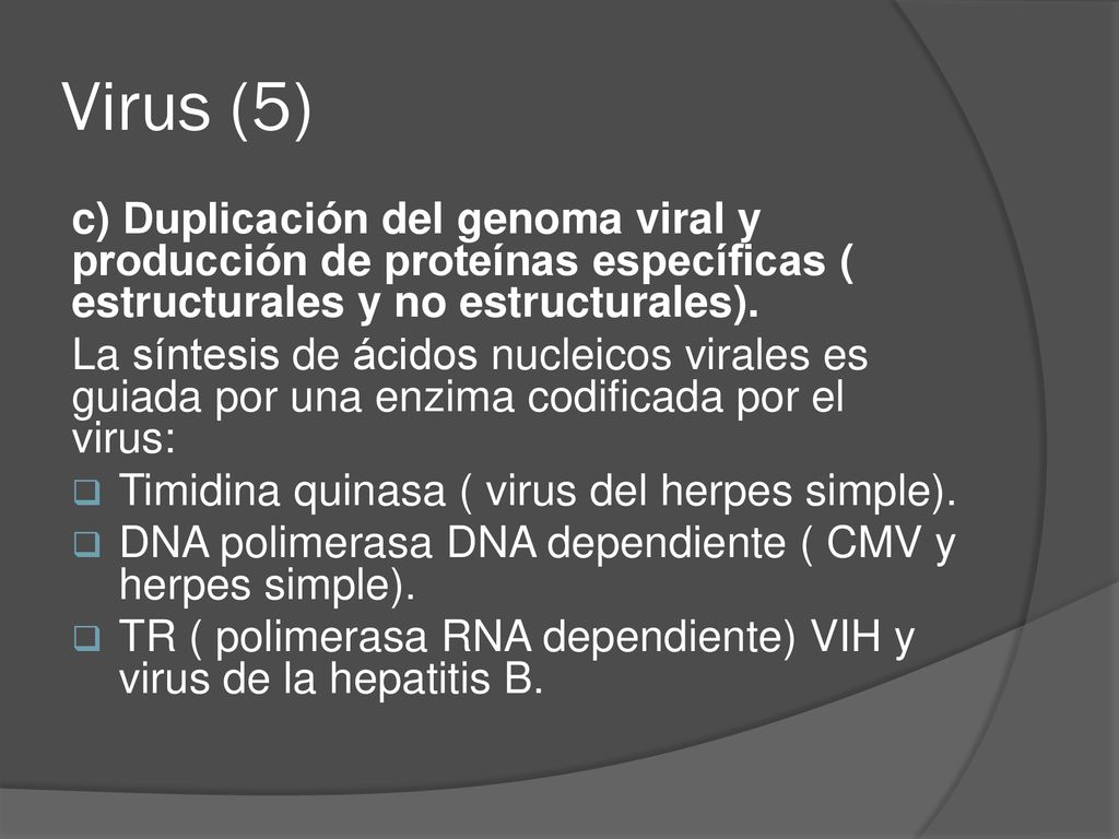 Virus (5) c) Duplicación del genoma viral y producción de proteínas específicas ( estructurales y no estructurales).