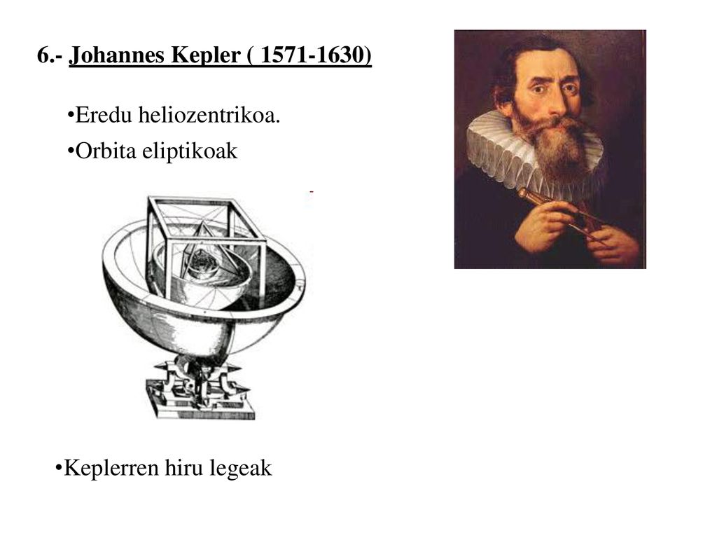 6.- Johannes Kepler ( ) Eredu heliozentrikoa. Orbita eliptikoak Keplerren hiru legeak