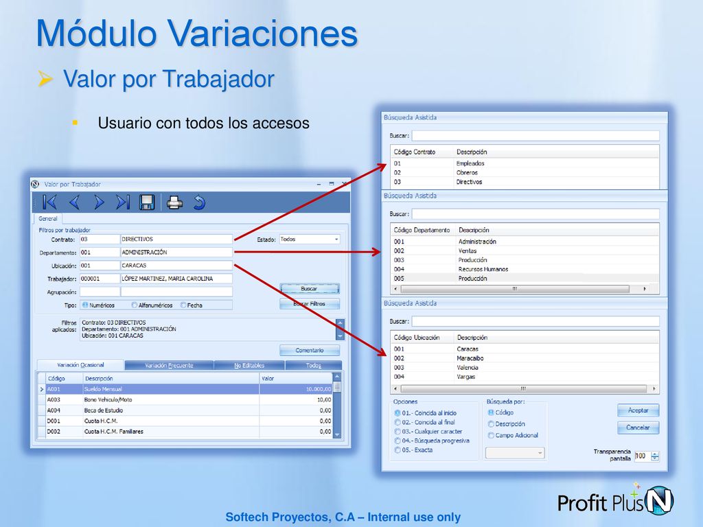 Módulo Variaciones Valor por Trabajador Usuario con todos los accesos