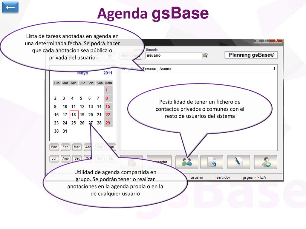 ← Agenda gsBase. Lista de tareas anotadas en agenda en una determinada fecha. Se podrá hacer que cada anotación sea pública o privada del usuario.