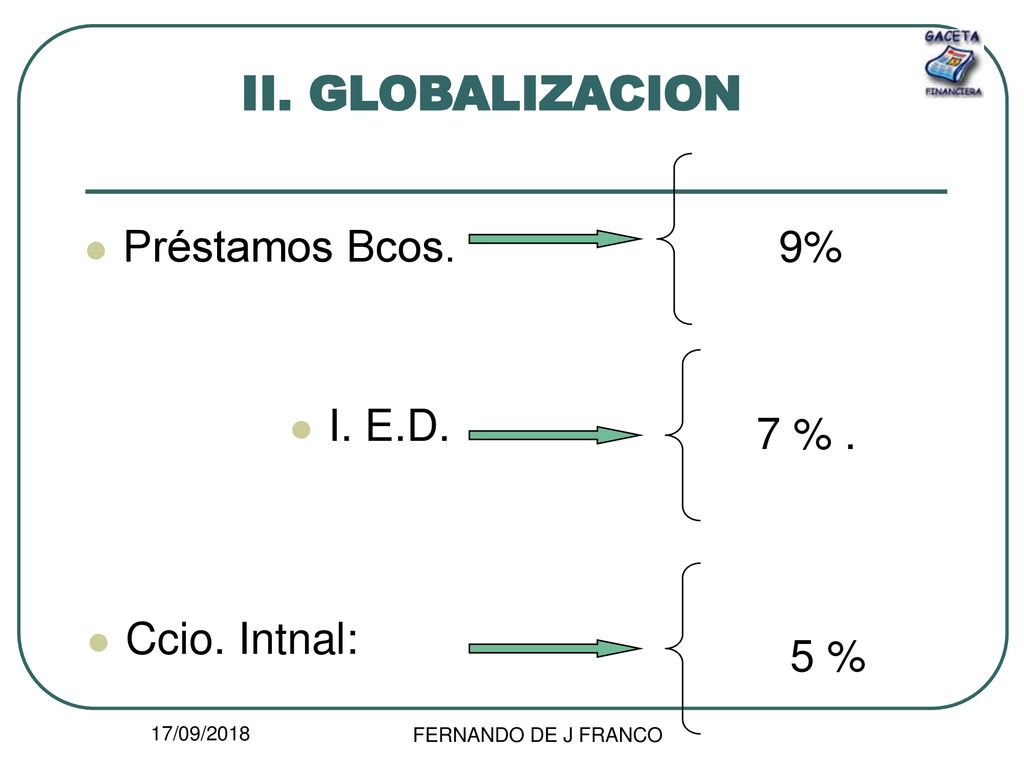 II. GLOBALIZACION Préstamos Bcos. 9% I. E.D. 7 % . Ccio. Intnal: 5 %