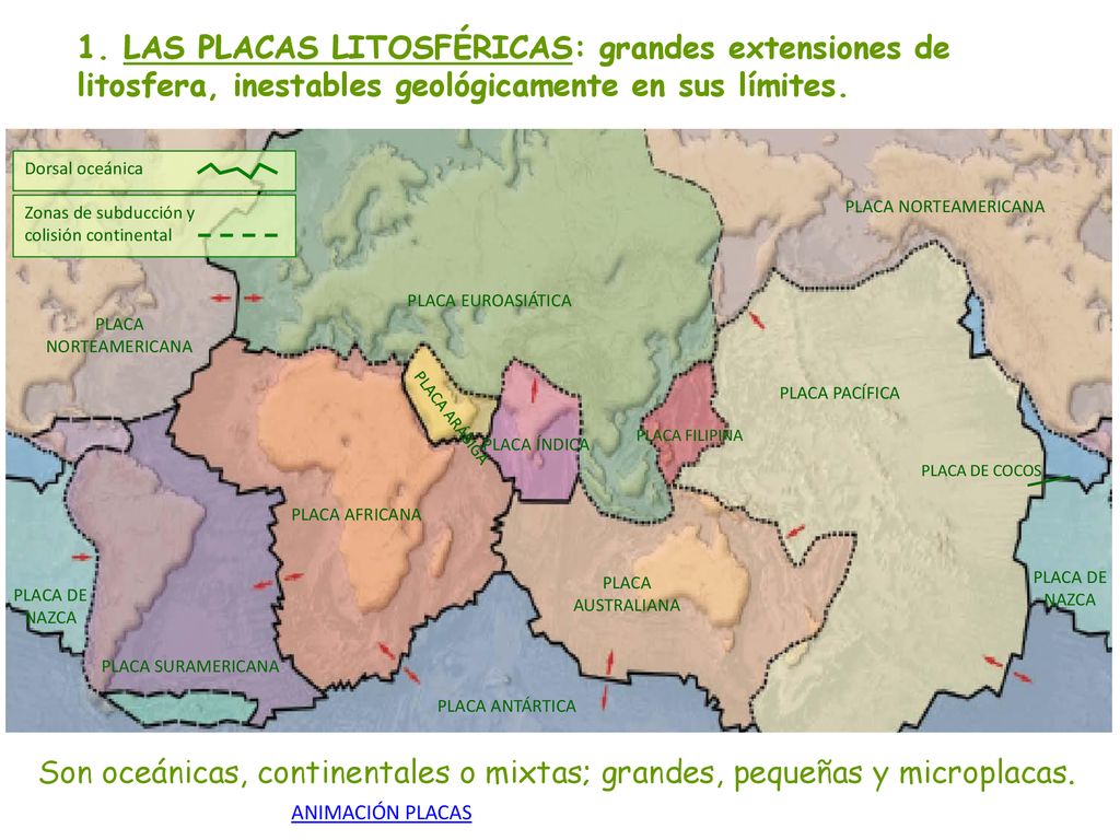 1. LAS PLACAS LITOSFÉRICAS: grandes extensiones de litosfera, inestables geológicamente en sus límites.