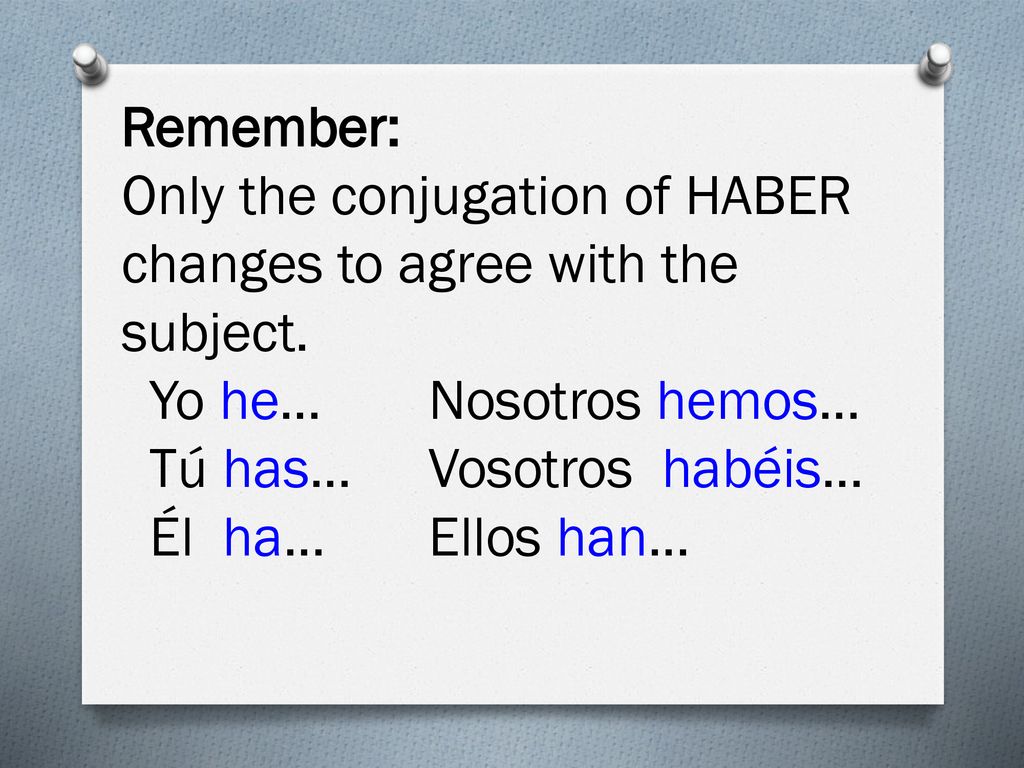 Remember: Only the conjugation of HABER changes to agree with the subject. Yo he… Nosotros hemos…