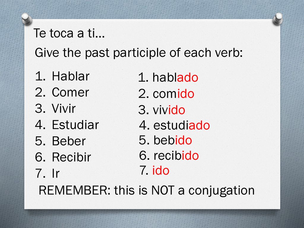 Te toca a ti… Give the past participle of each verb: Hablar. Comer. Vivir. Estudiar. Beber. Recibir.