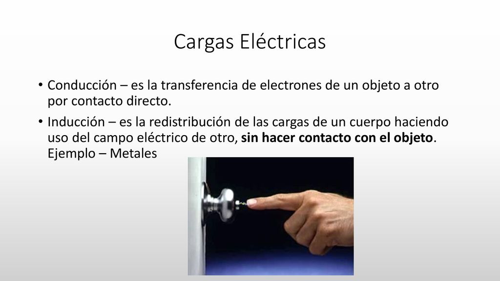 Cargas Eléctricas Conducción – es la transferencia de electrones de un objeto a otro por contacto directo.