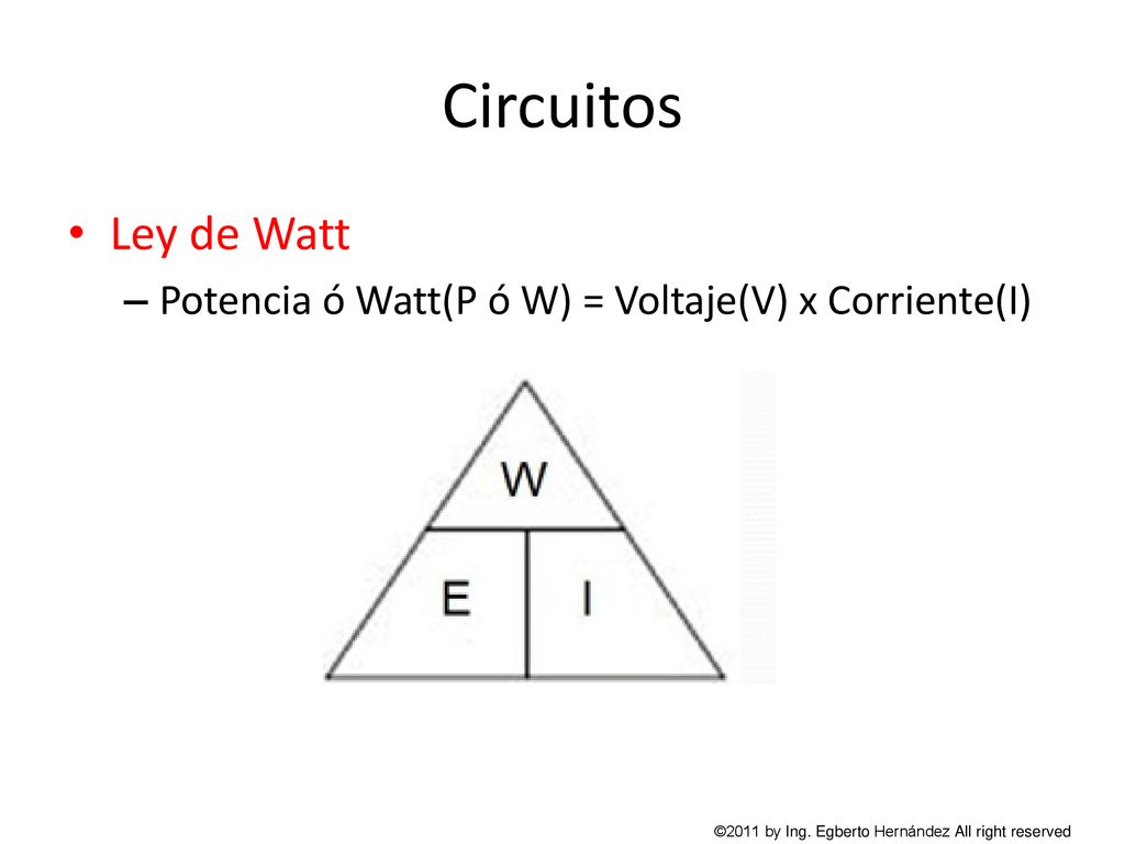 Circuitos Ley de Watt. Potencia ó Watt(P ó W) = Voltaje(V) x Corriente(I) ©2011 by Ing.