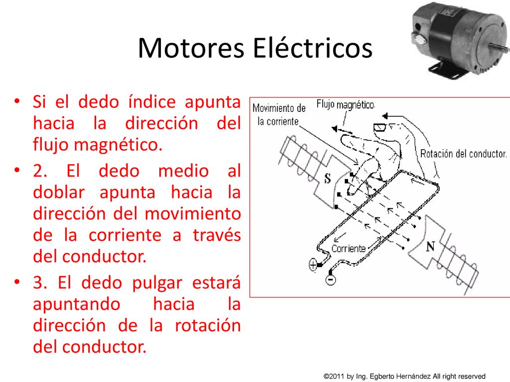 Motores Eléctricos Si el dedo índice apunta hacia la dirección del flujo magnético.