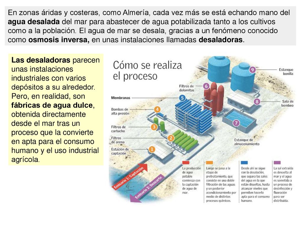 En zonas áridas y costeras, como Almería, cada vez más se está echando mano del agua desalada del mar para abastecer de agua potabilizada tanto a los cultivos como a la población. El agua de mar se desala, gracias a un fenómeno conocido como osmosis inversa, en unas instalaciones llamadas desaladoras.