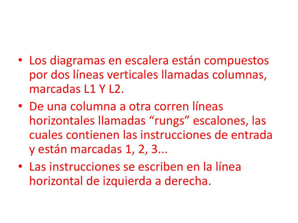 Los diagramas en escalera están compuestos por dos líneas verticales llamadas columnas, marcadas L1 Y L2.