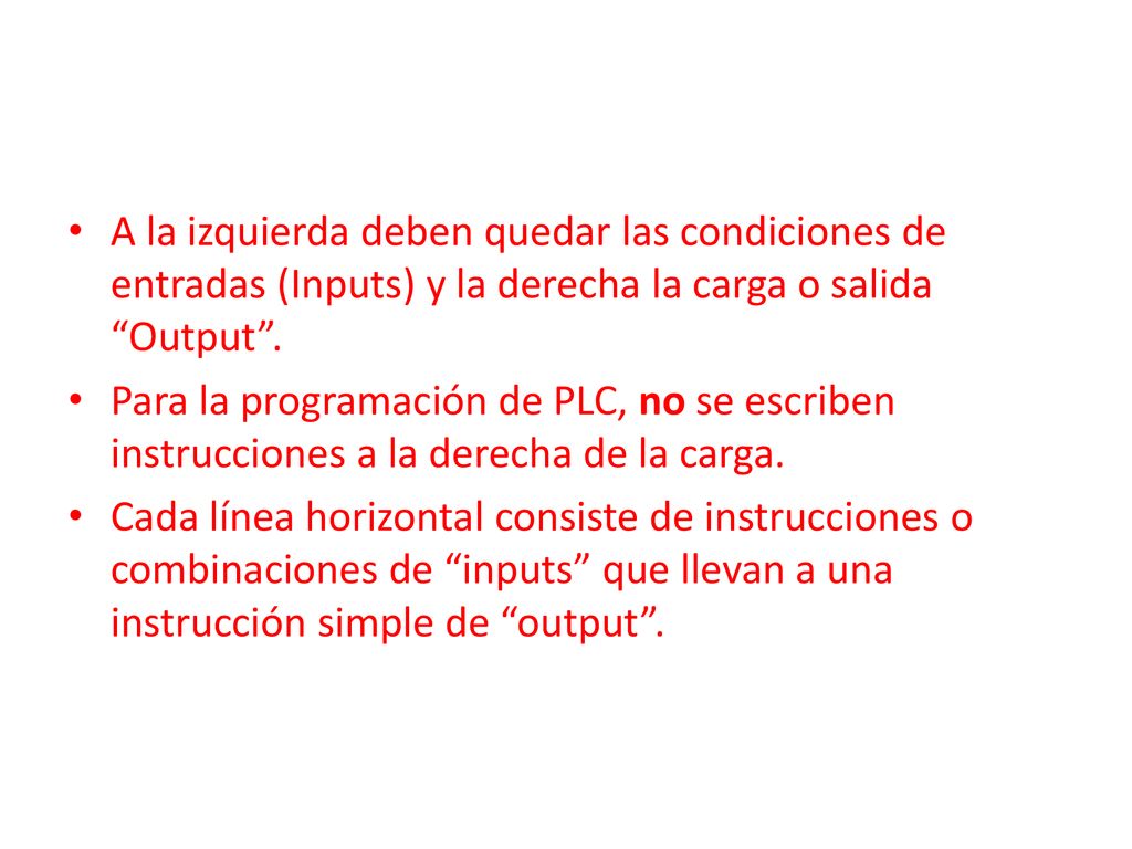 A la izquierda deben quedar las condiciones de entradas (Inputs) y la derecha la carga o salida Output .