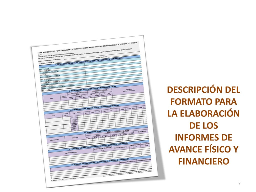 Descripción del Formato para la elaboración de los informes de avance físico y financiero