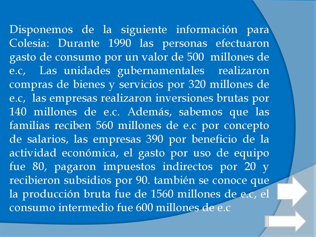 Disponemos de la siguiente información para Colesia: Durante 1990 las personas efectuaron gasto de consumo por un valor de 500 millones de e.c, Las unidades gubernamentales realizaron compras de bienes y servicios por 320 millones de e.c, las empresas realizaron inversiones brutas por 140 millones de e.c.