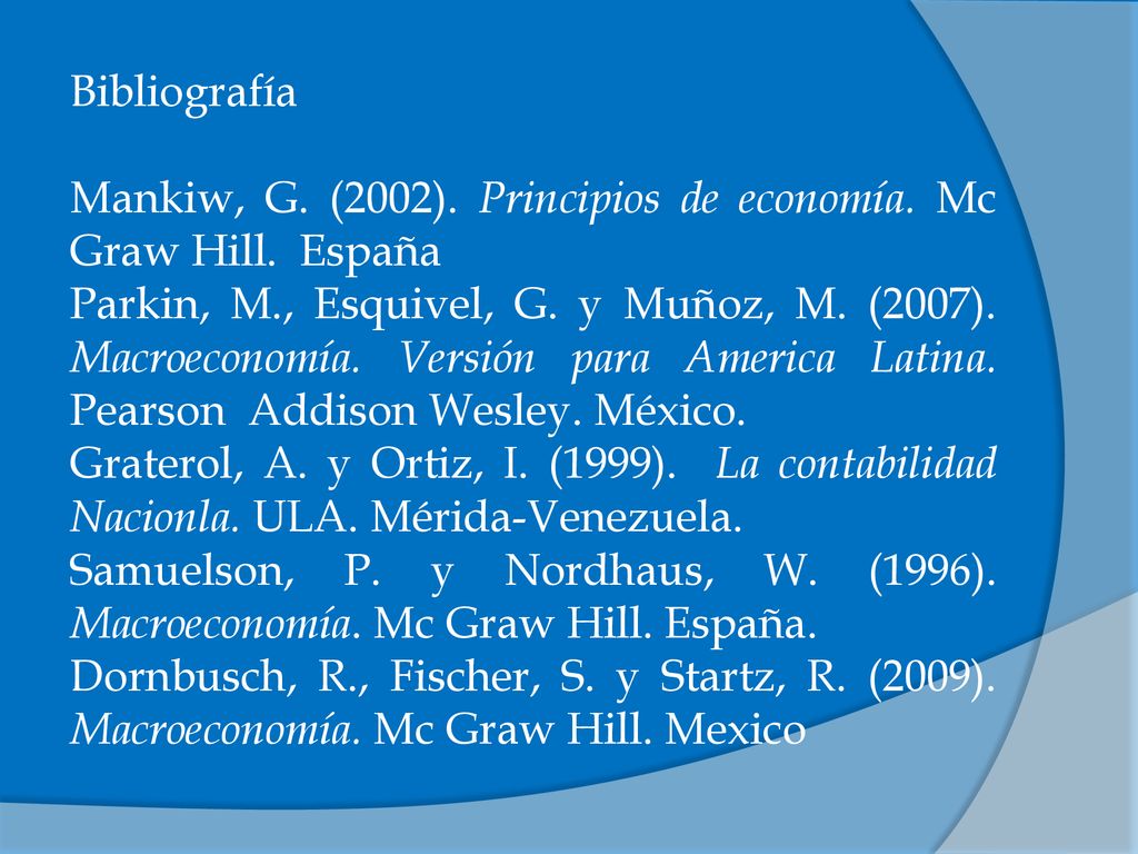 Bibliografía Mankiw, G. (2002). Principios de economía. Mc Graw Hill. España.