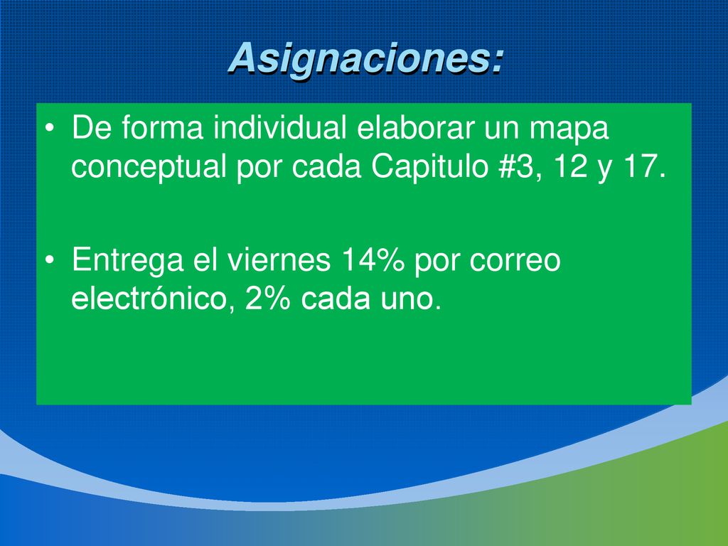 Asignaciones: De forma individual elaborar un mapa conceptual por cada Capitulo #3, 12 y 17.