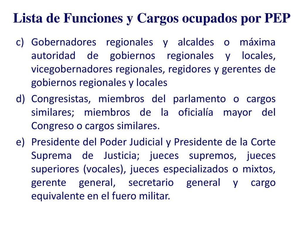 Lista de Funciones y Cargos ocupados por PEP