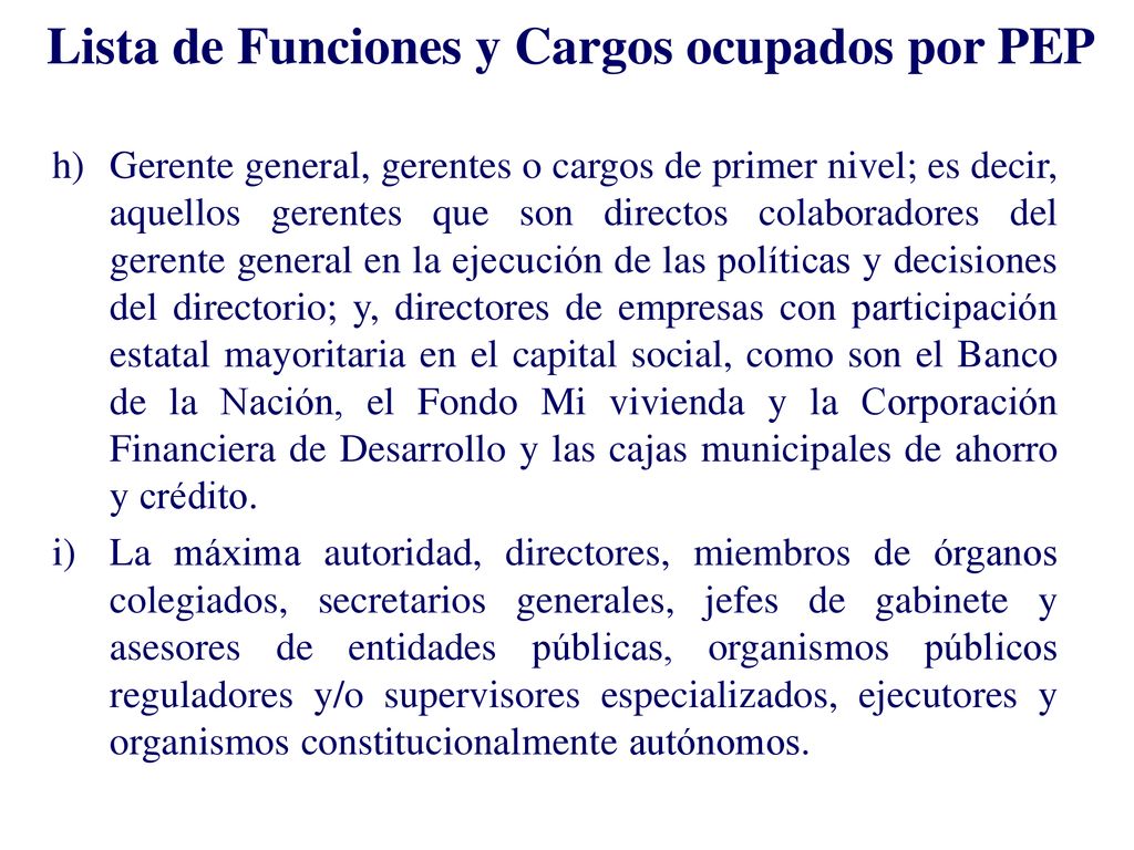 Lista de Funciones y Cargos ocupados por PEP