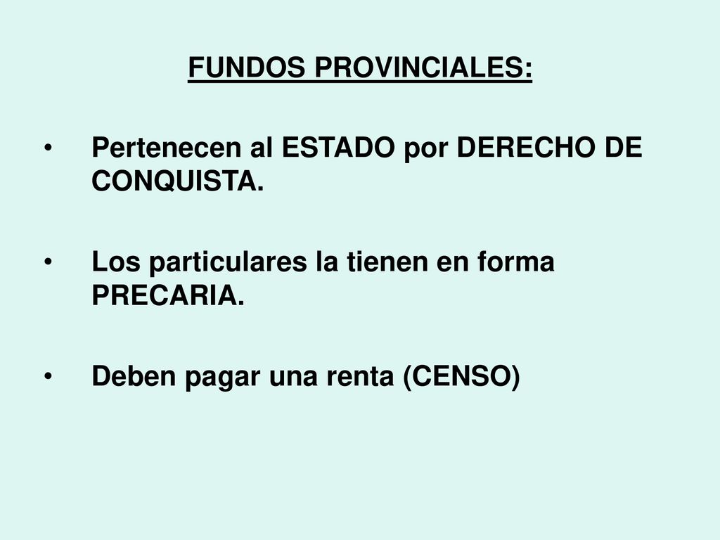 FUNDOS PROVINCIALES: Pertenecen al ESTADO por DERECHO DE CONQUISTA. Los particulares la tienen en forma PRECARIA.