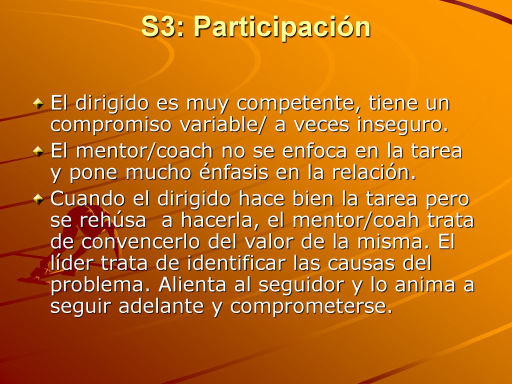 S3: Participación El dirigido es muy competente, tiene un compromiso variable/ a veces inseguro.