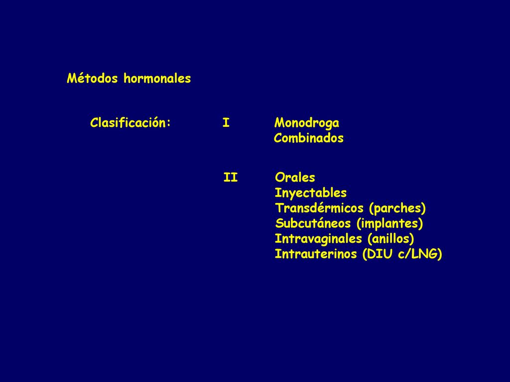 Métodos hormonales Clasificación: I Monodroga. Combinados. II Orales. Inyectables. Transdérmicos (parches)