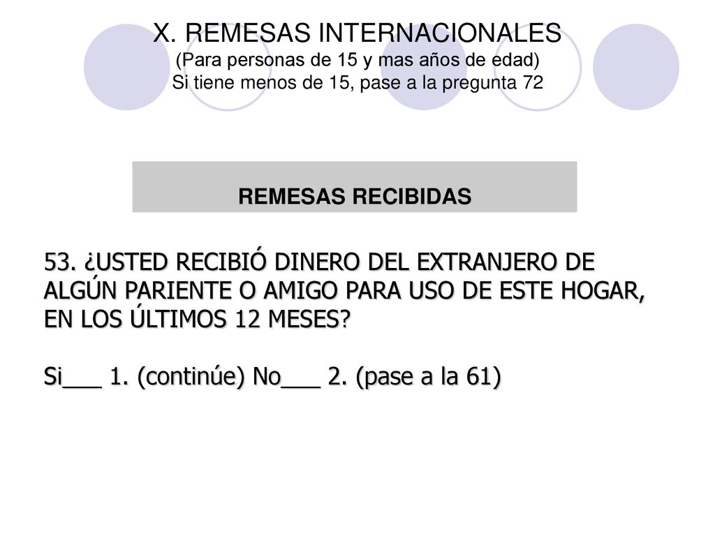 X. REMESAS INTERNACIONALES (Para personas de 15 y mas años de edad) Si tiene menos de 15, pase a la pregunta 72
