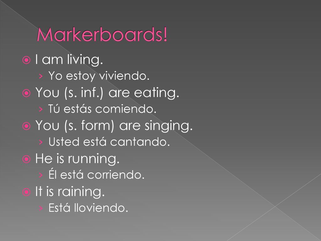 Markerboards! I am living. You (s. inf.) are eating.