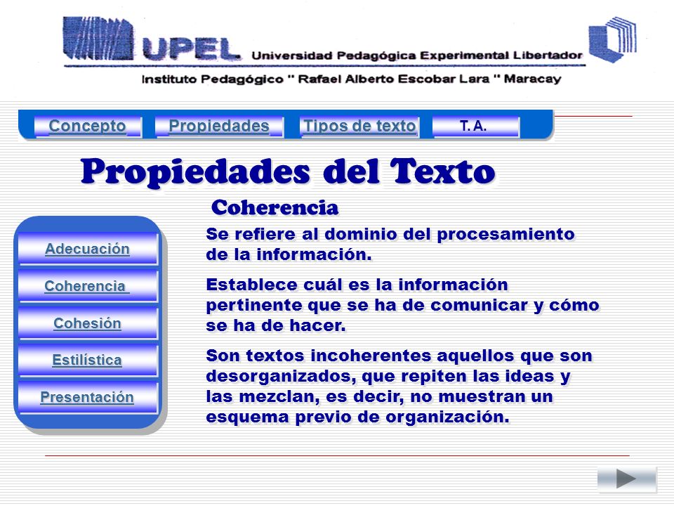 Propiedades del Texto Coherencia Concepto Propiedades Tipos de texto