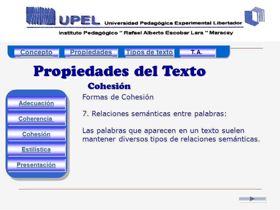 Propiedades del Texto Cohesión Concepto Propiedades Tipos de texto