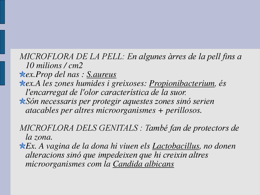 MICROFLORA DE LA PELL: En algunes àrres de la pell fins a 10 milions / cm2