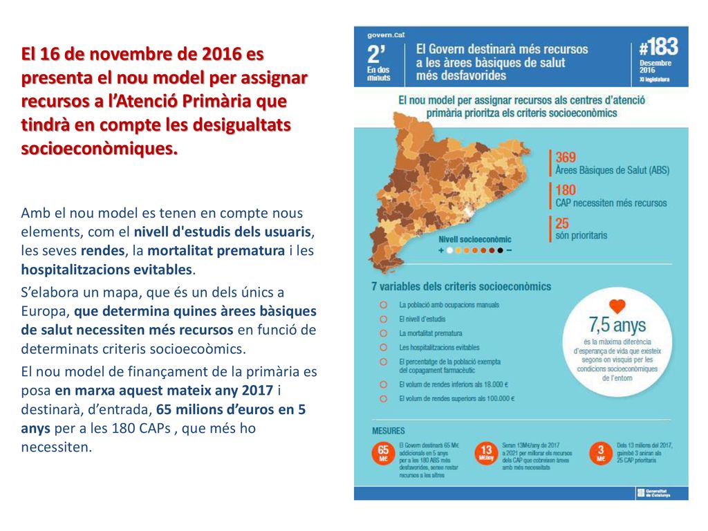 El 16 de novembre de 2016 es presenta el nou model per assignar recursos a l’Atenció Primària que tindrà en compte les desigualtats socioeconòmiques.