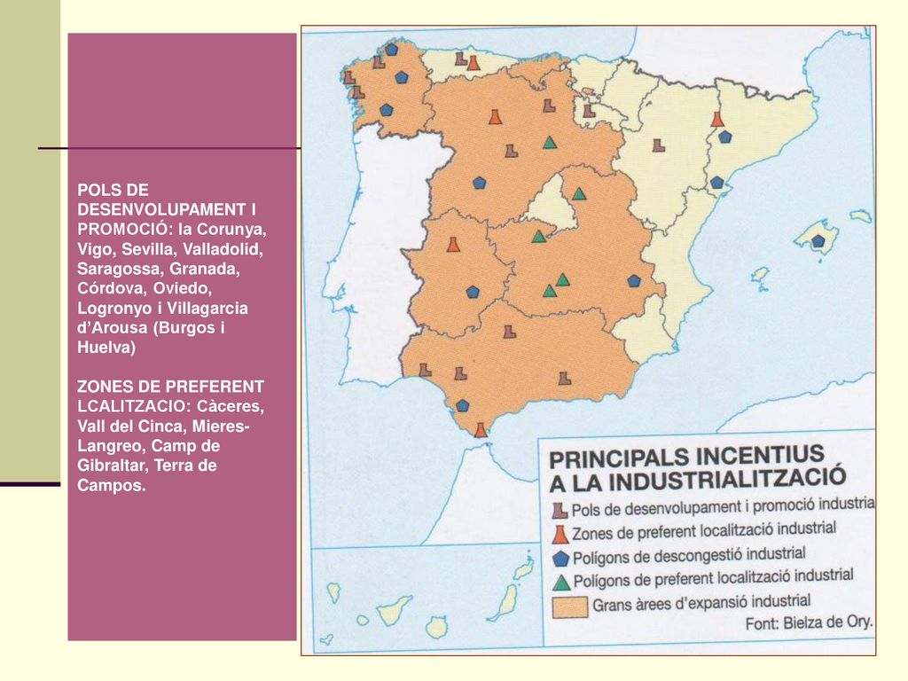 POLS DE DESENVOLUPAMENT I PROMOCIÓ: la Corunya, Vigo, Sevilla, Valladolid, Saragossa, Granada, Córdova, Oviedo, Logronyo i Villagarcia d’Arousa (Burgos i Huelva) ZONES DE PREFERENT LCALITZACIO: Càceres, Vall del Cinca, Mieres-Langreo, Camp de Gibraltar, Terra de Campos.