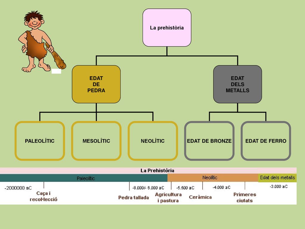 La prehistòria EDAT. DE. PEDRA. DELS. METALLS. PALEOLÍTIC. MESOLÍTIC. EDAT DE BRONZE. EDAT DE FERRO.