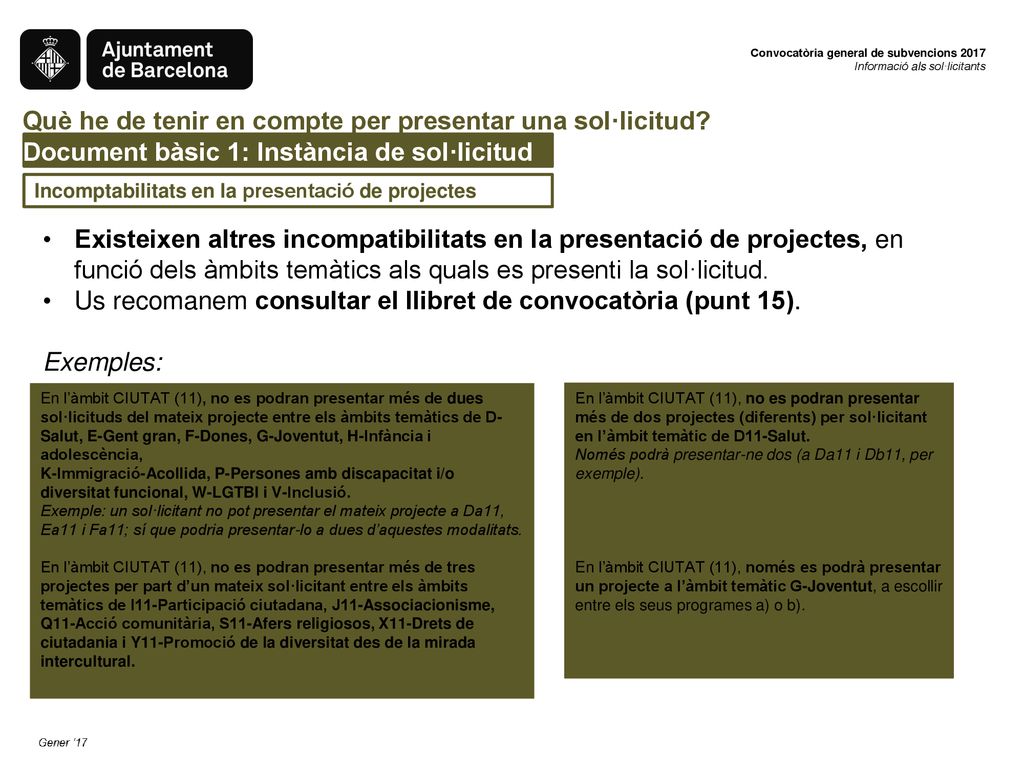 Us recomanem consultar el llibret de convocatòria (punt 15). Exemples: