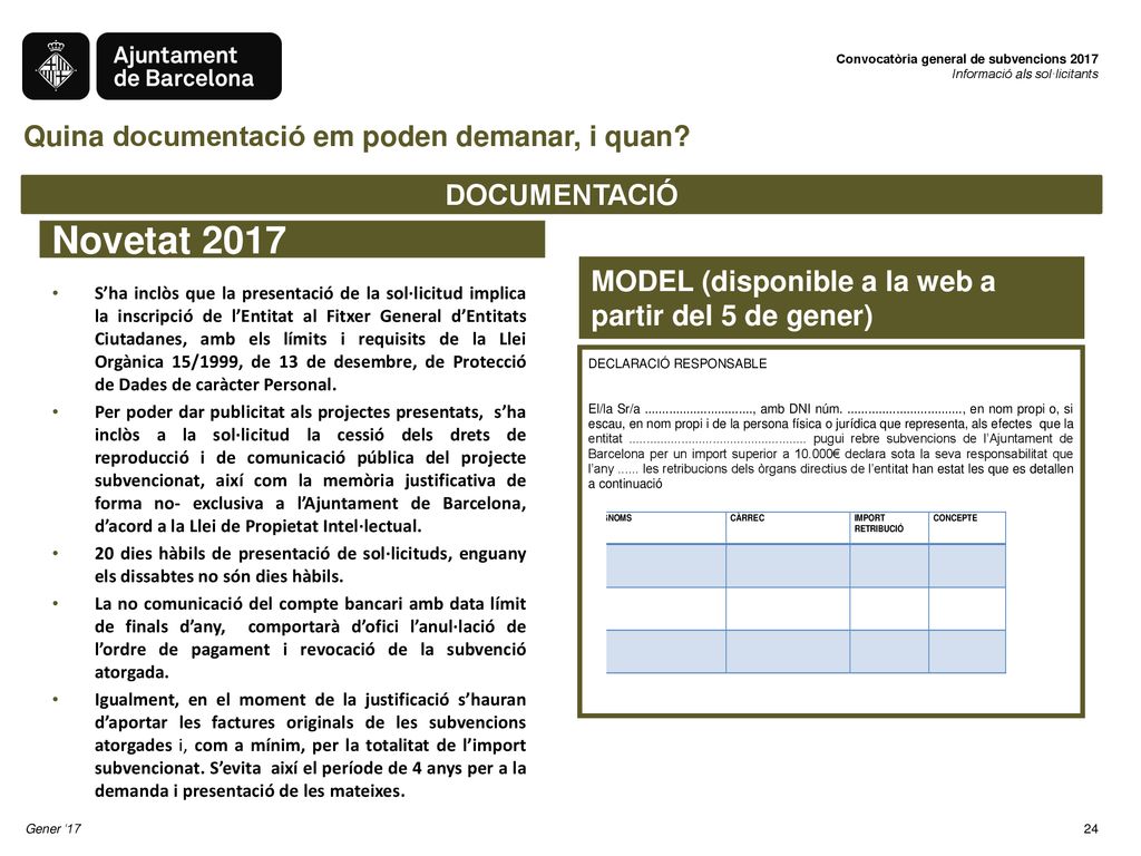Novetat 2017 Quina documentació em poden demanar, i quan DOCUMENTACIÓ