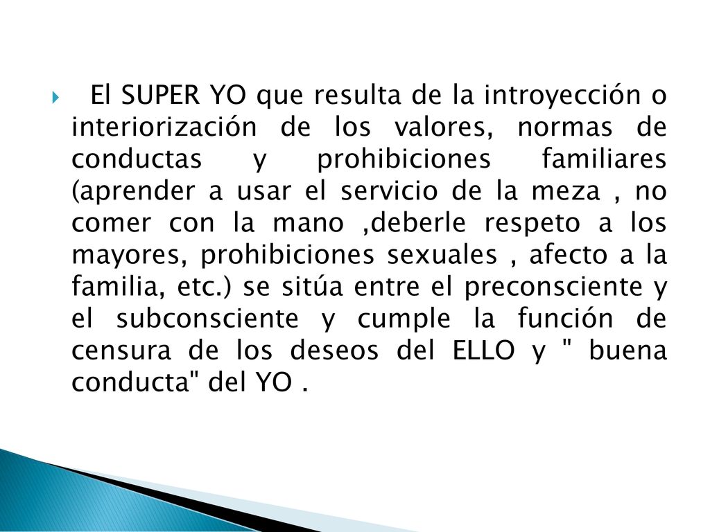 El SUPER YO que resulta de la introyección o interiorización de los valores, normas de conductas y prohibiciones familiares (aprender a usar el servicio de la meza , no comer con la mano ,deberle respeto a los mayores, prohibiciones sexuales , afecto a la familia, etc.) se sitúa entre el preconsciente y el subconsciente y cumple la función de censura de los deseos del ELLO y buena conducta del YO .