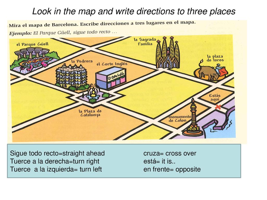 Look in the map and write directions to three places