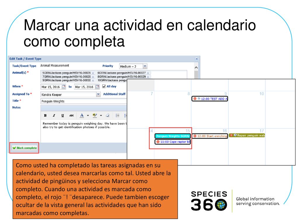 Marcar una actividad en calendario como completa