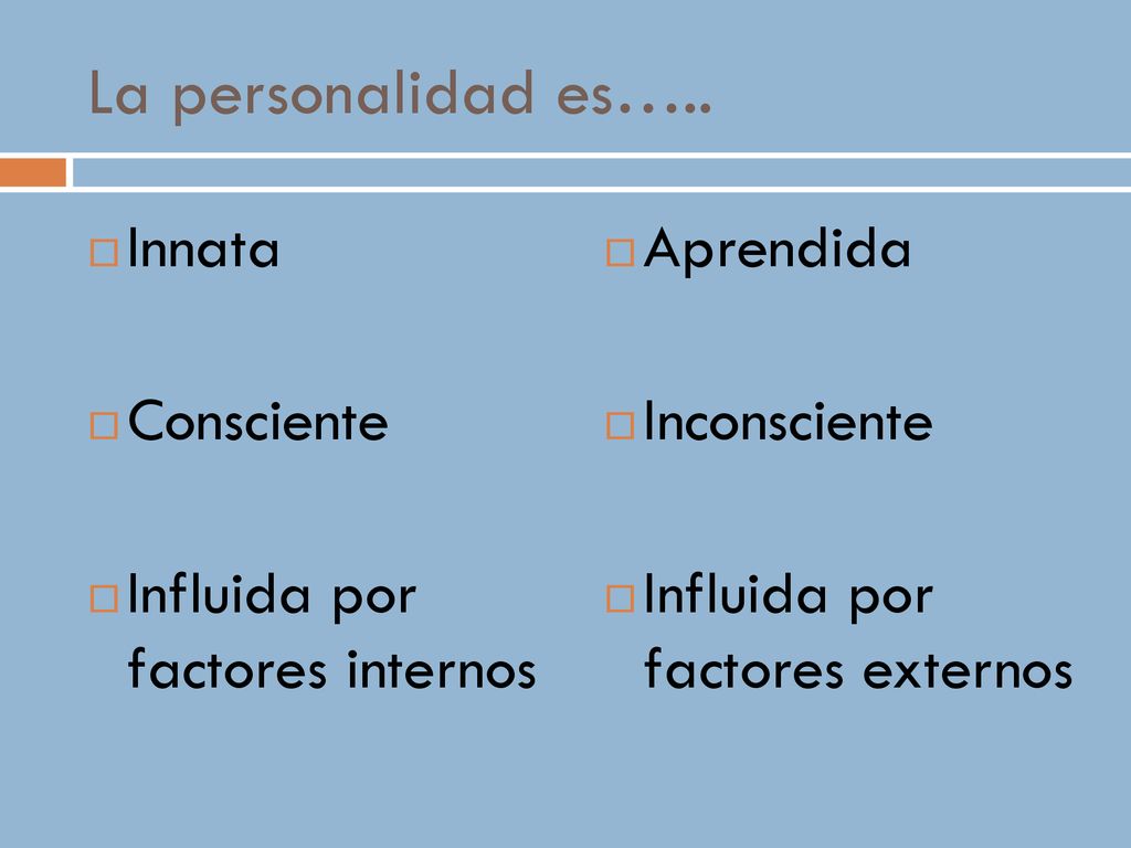 La personalidad es….. Innata Consciente Influida por factores internos