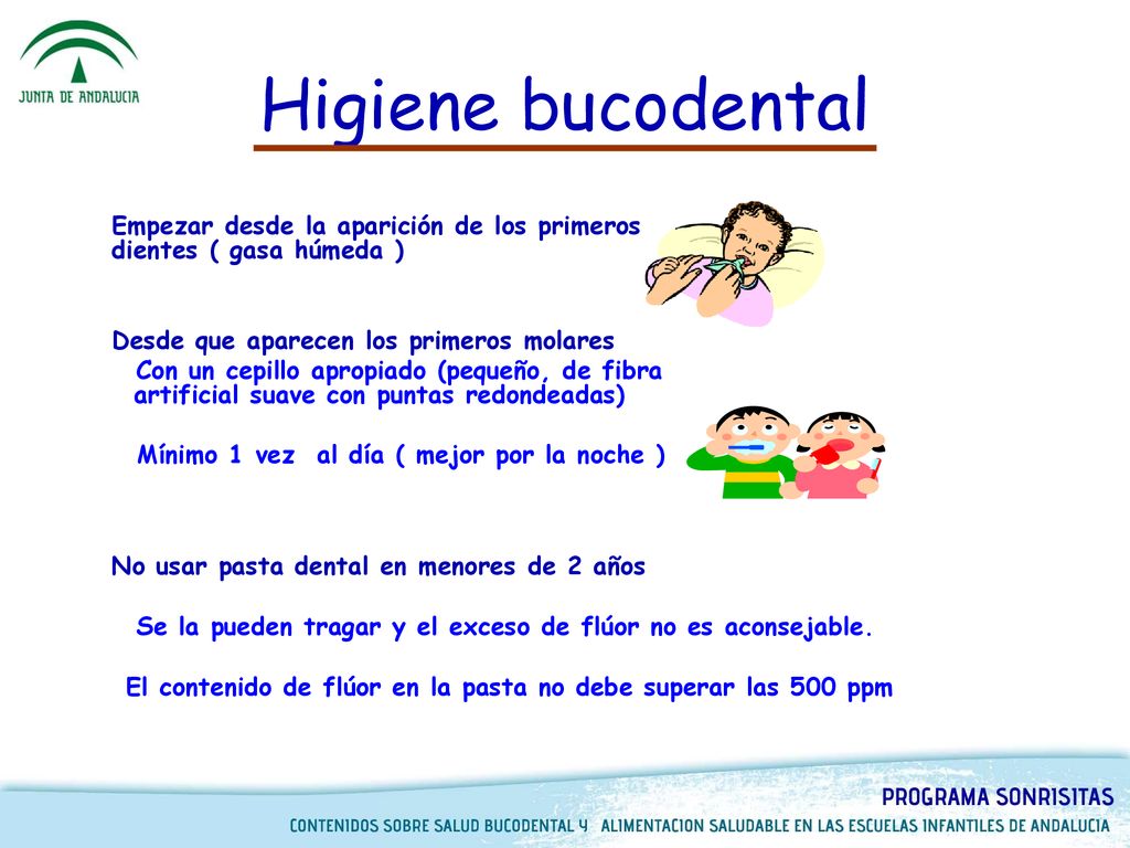 Higiene bucodental Empezar desde la aparición de los primeros dientes ( gasa húmeda ) Desde que aparecen los primeros molares.