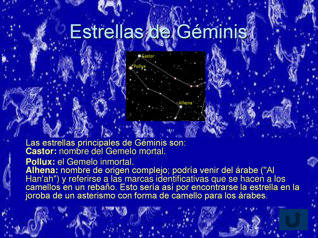 Estrellas de Géminis Las estrellas principales de Géminis son: Castor: nombre del Gemelo mortal.