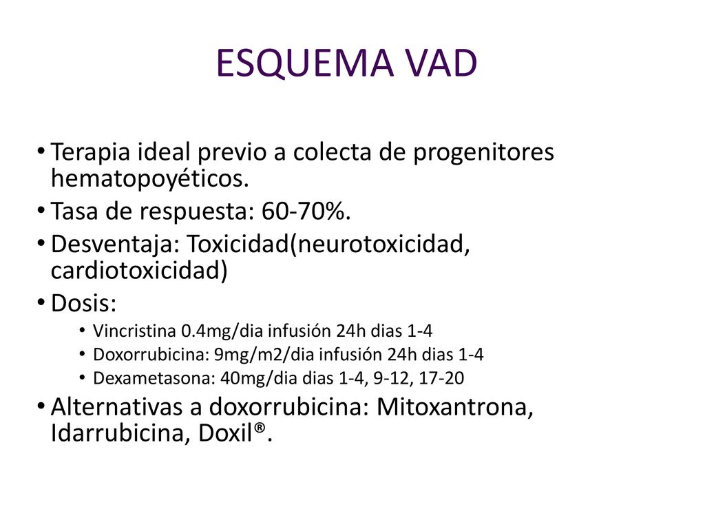 ESQUEMA VAD Terapia ideal previo a colecta de progenitores hematopoyéticos. Tasa de respuesta: 60-70%.