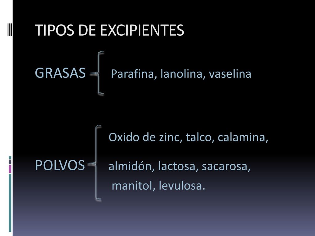 TIPOS DE EXCIPIENTES GRASAS Parafina, lanolina, vaselina