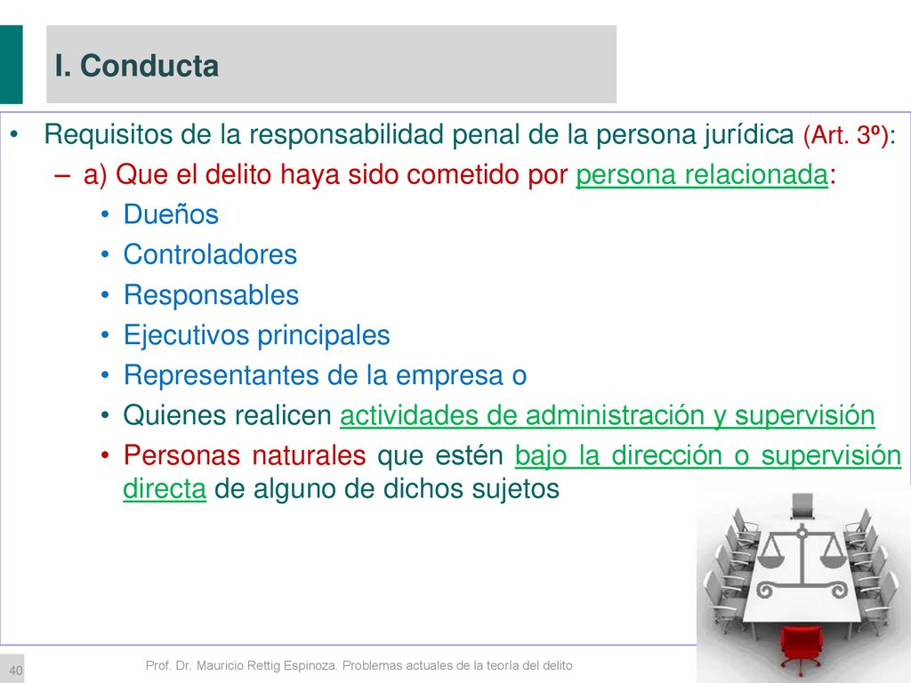 I. Conducta Requisitos de la responsabilidad penal de la persona jurídica (Art. 3º): a) Que el delito haya sido cometido por persona relacionada: