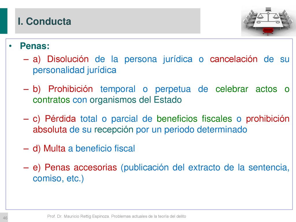 I. Conducta Penas: a) Disolución de la persona jurídica o cancelación de su personalidad jurídica.