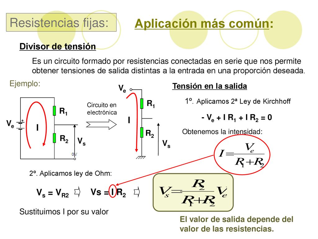 Resistencias fijas: Aplicación más común: Divisor de tensión I I