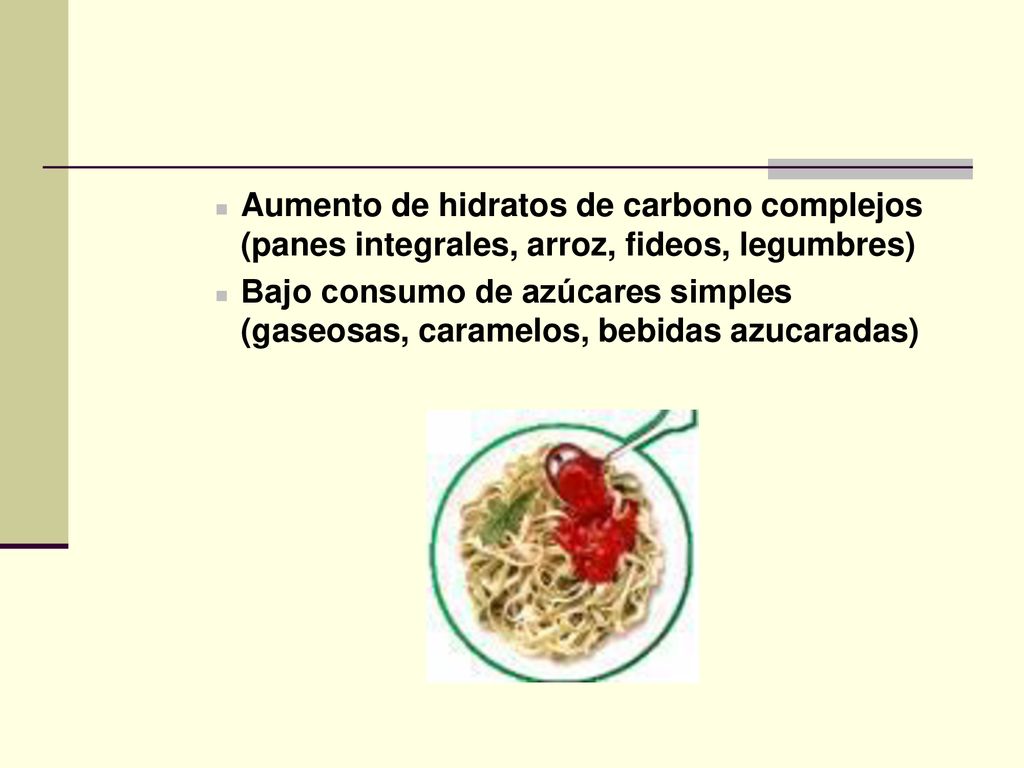 Aumento de hidratos de carbono complejos (panes integrales, arroz, fideos, legumbres)