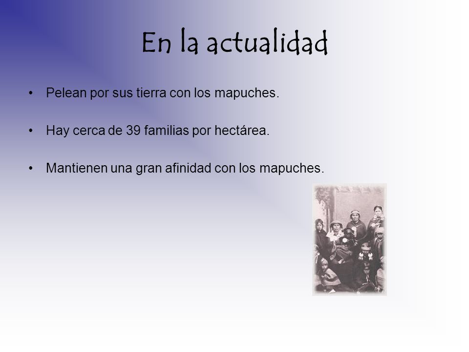 En la actualidad Pelean por sus tierra con los mapuches.